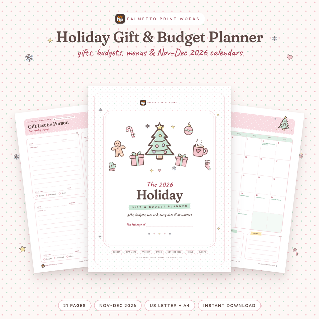 2026 Holiday Gift & Budget Planner printable cover with pastel cranberry and mint holiday doodles, by Palmetto Print Works