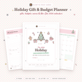 2026 Holiday Gift & Budget Planner printable cover with pastel cranberry and mint holiday doodles, by Palmetto Print Works