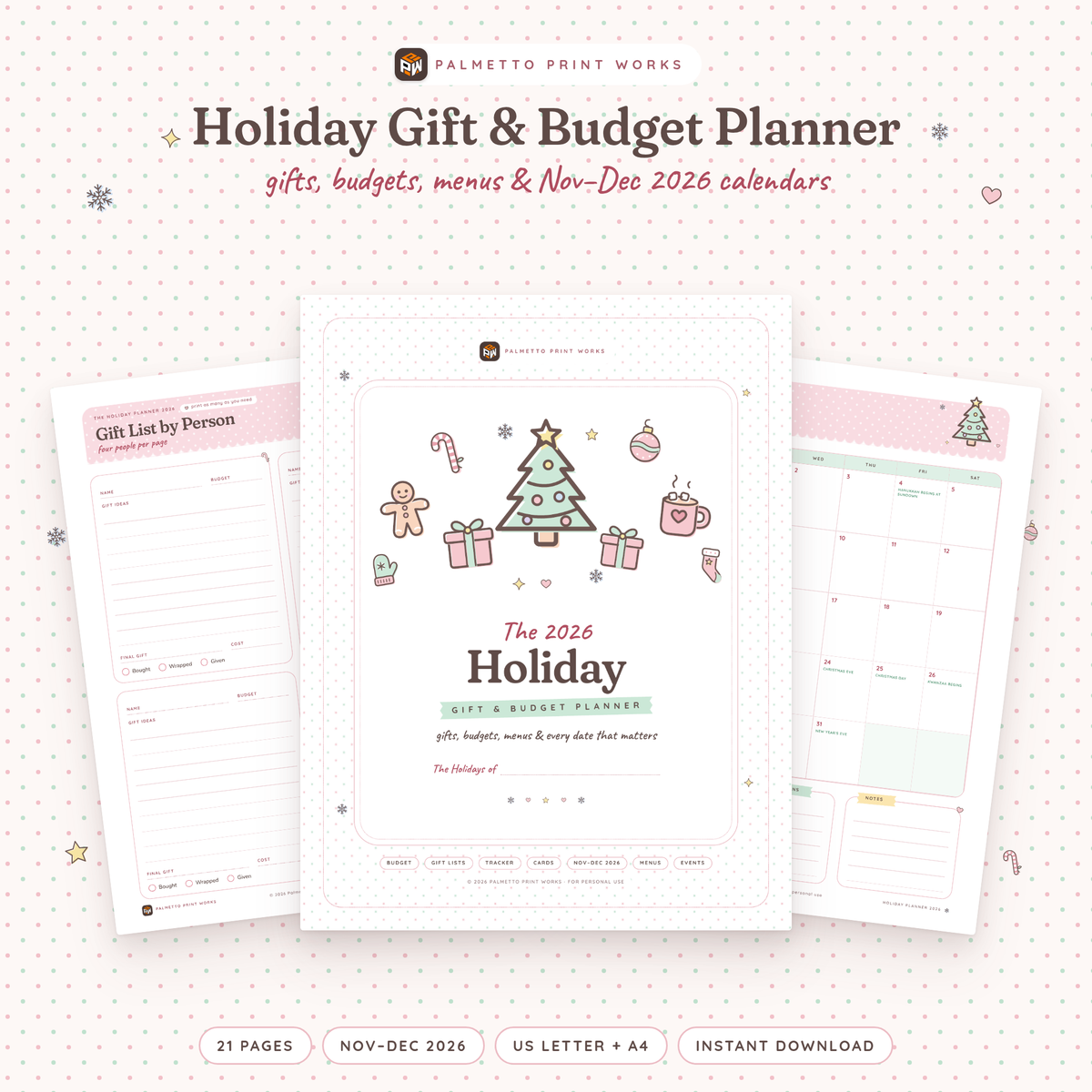 2026 Holiday Gift & Budget Planner printable cover with pastel cranberry and mint holiday doodles, by Palmetto Print Works