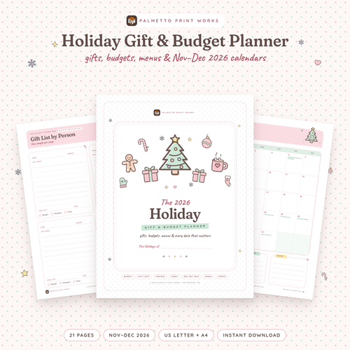 2026 Holiday Gift & Budget Planner printable cover with pastel cranberry and mint holiday doodles, by Palmetto Print Works