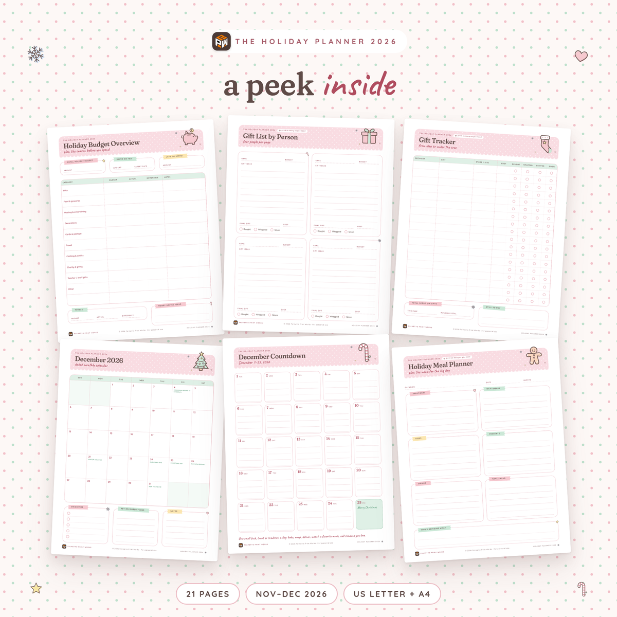 Inside the 2026 Holiday Planner: Holiday Budget Overview, Gift List by Person, Gift Tracker, December 2026 calendar, December Countdown and Holiday Meal Planner pages