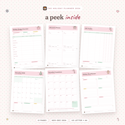 Inside the 2026 Holiday Planner: Holiday Budget Overview, Gift List by Person, Gift Tracker, December 2026 calendar, December Countdown and Holiday Meal Planner pages