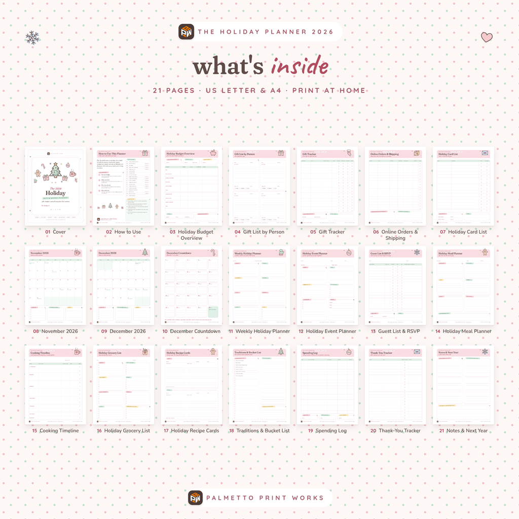 What's inside the 2026 Holiday Gift & Budget Planner: all 21 printable pages, US Letter and A4 PDF