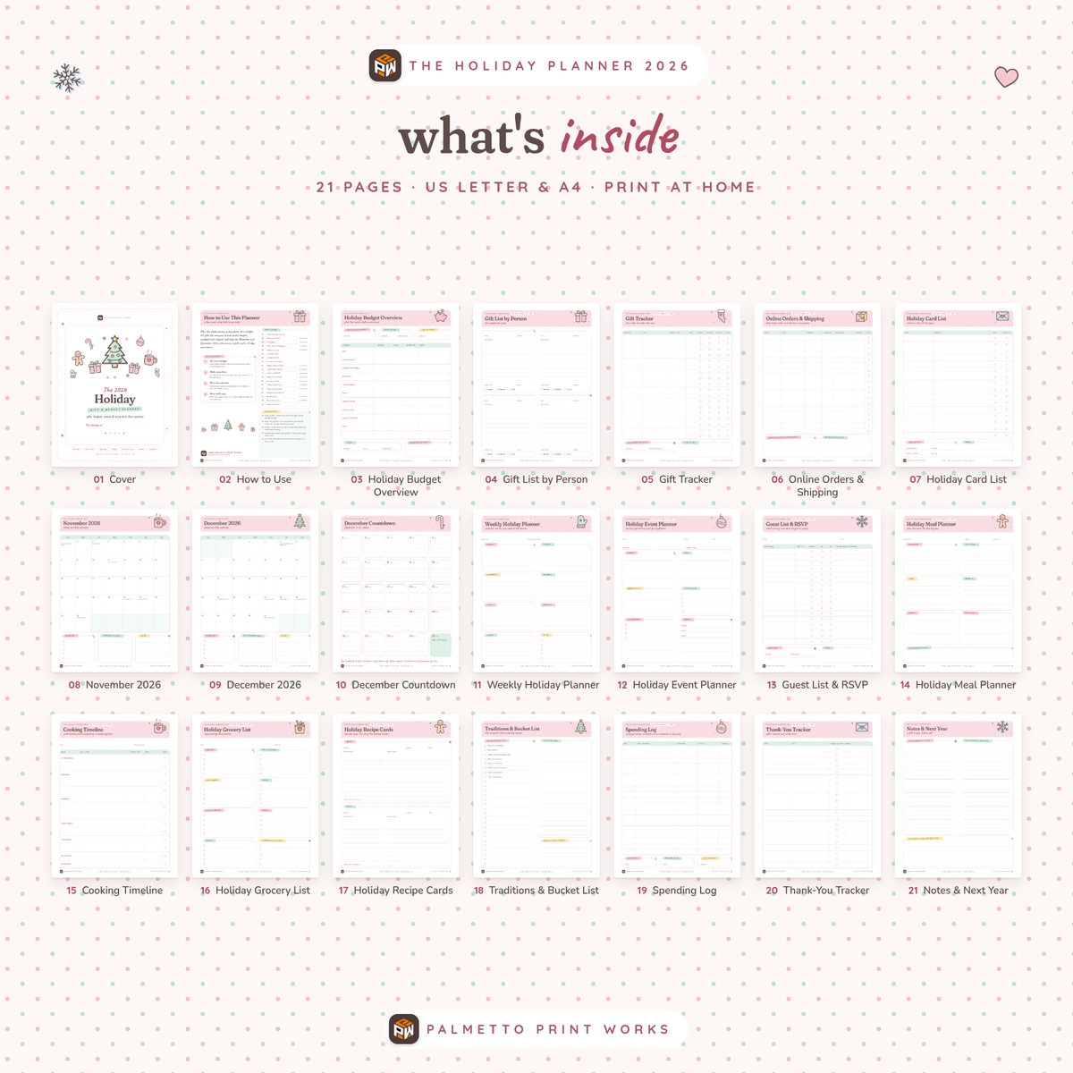 What's inside the 2026 Holiday Gift & Budget Planner: all 21 printable pages, US Letter and A4 PDF