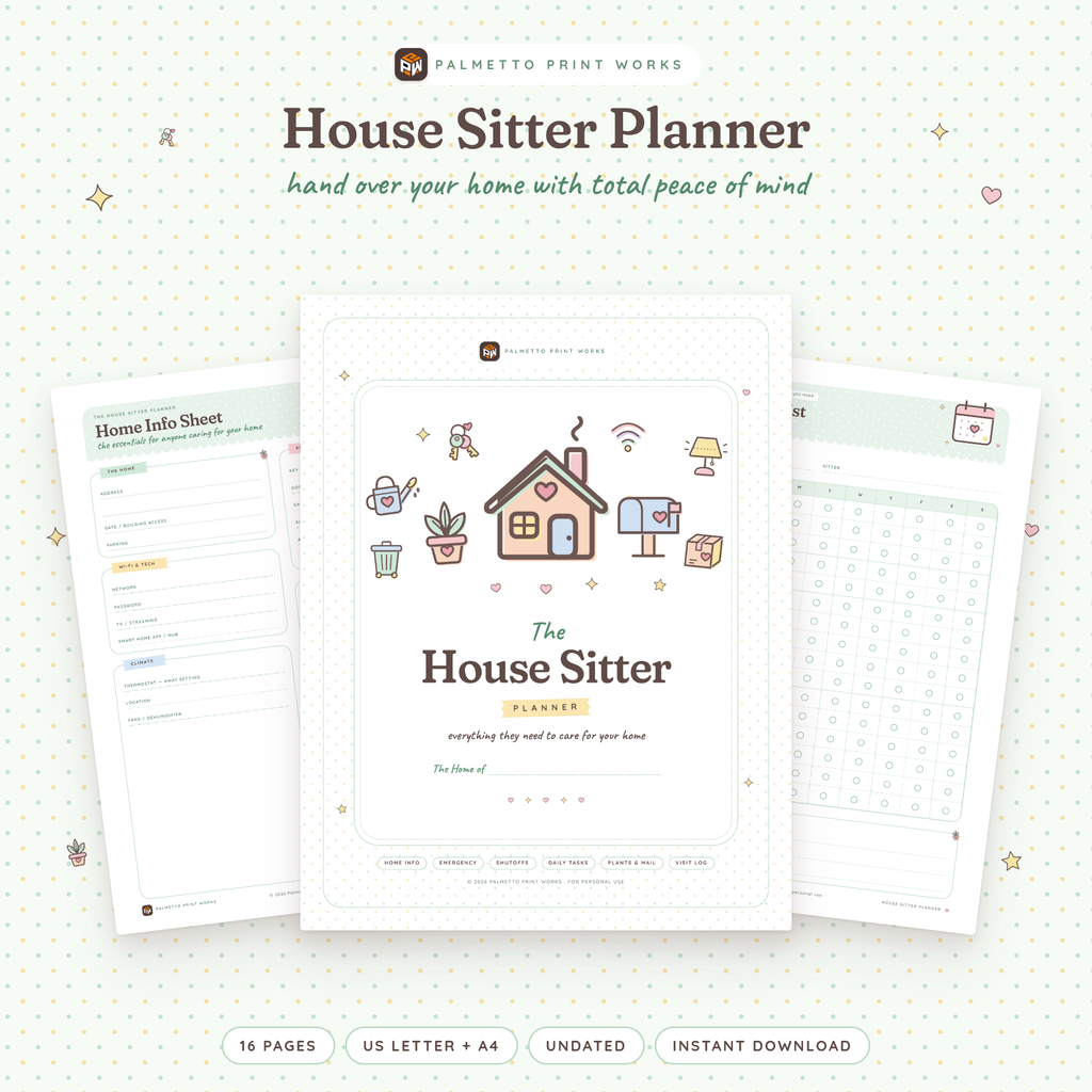 Printable House Sitter & Home Care Planner cover in sage-mint pastel with house, keys and plant doodles, by Palmetto Print Works