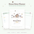Printable House Sitter & Home Care Planner cover in sage-mint pastel with house, keys and plant doodles, by Palmetto Print Works