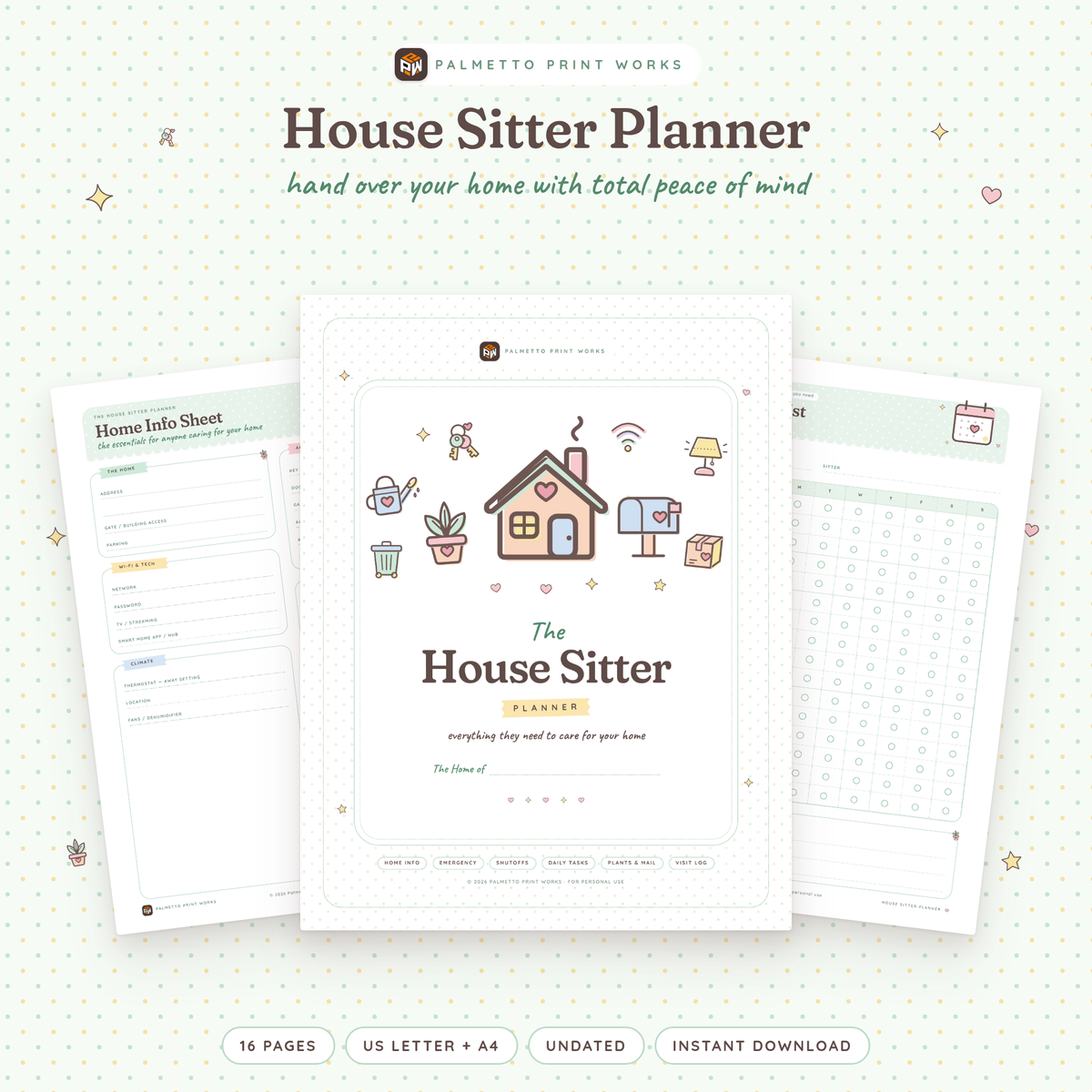 Printable House Sitter & Home Care Planner cover in sage-mint pastel with house, keys and plant doodles, by Palmetto Print Works