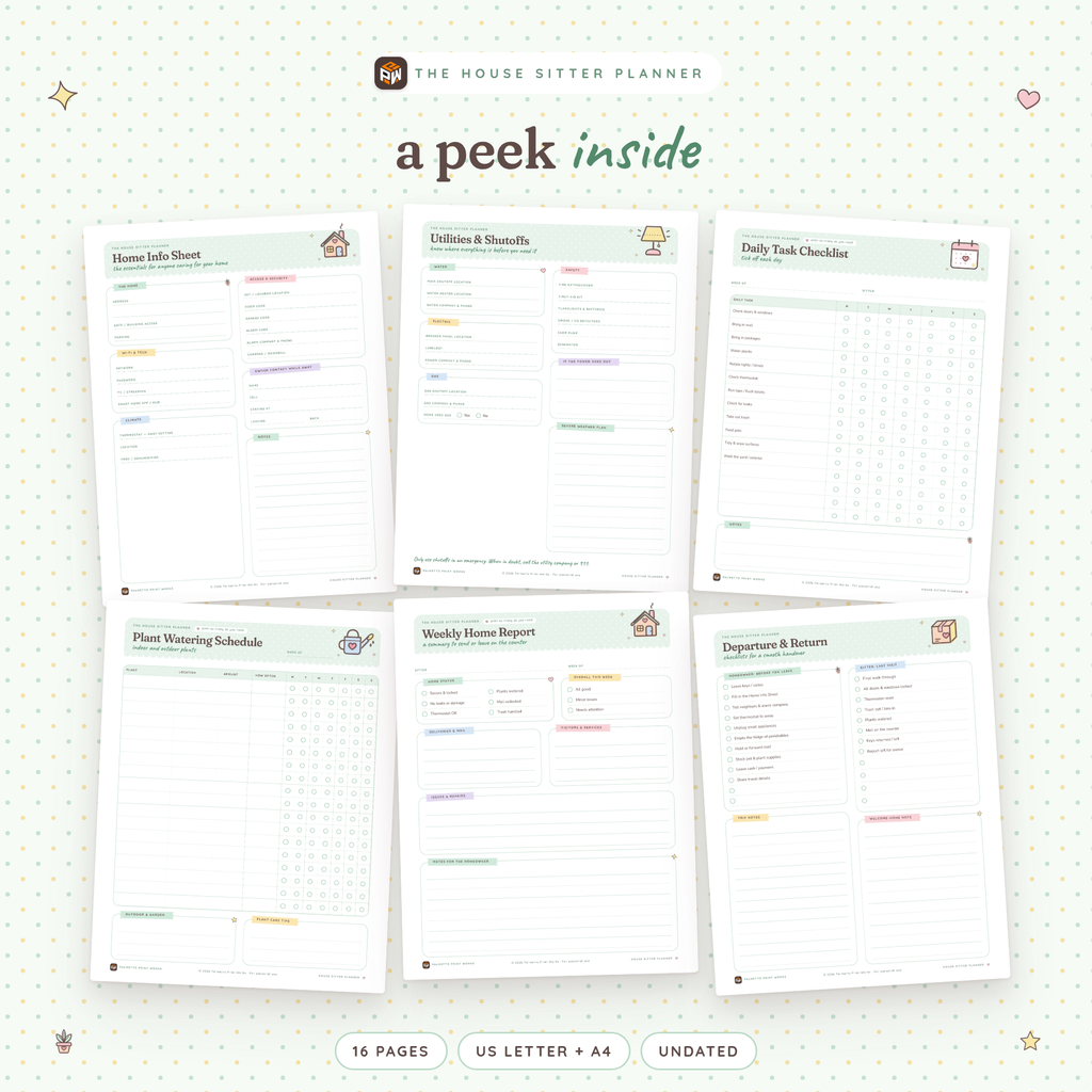 Inside the House Sitter Planner: Home Info Sheet, Utilities & Shutoffs, Daily Task Checklist, Plant Watering Schedule, Weekly Home Report and Departure & Return pages