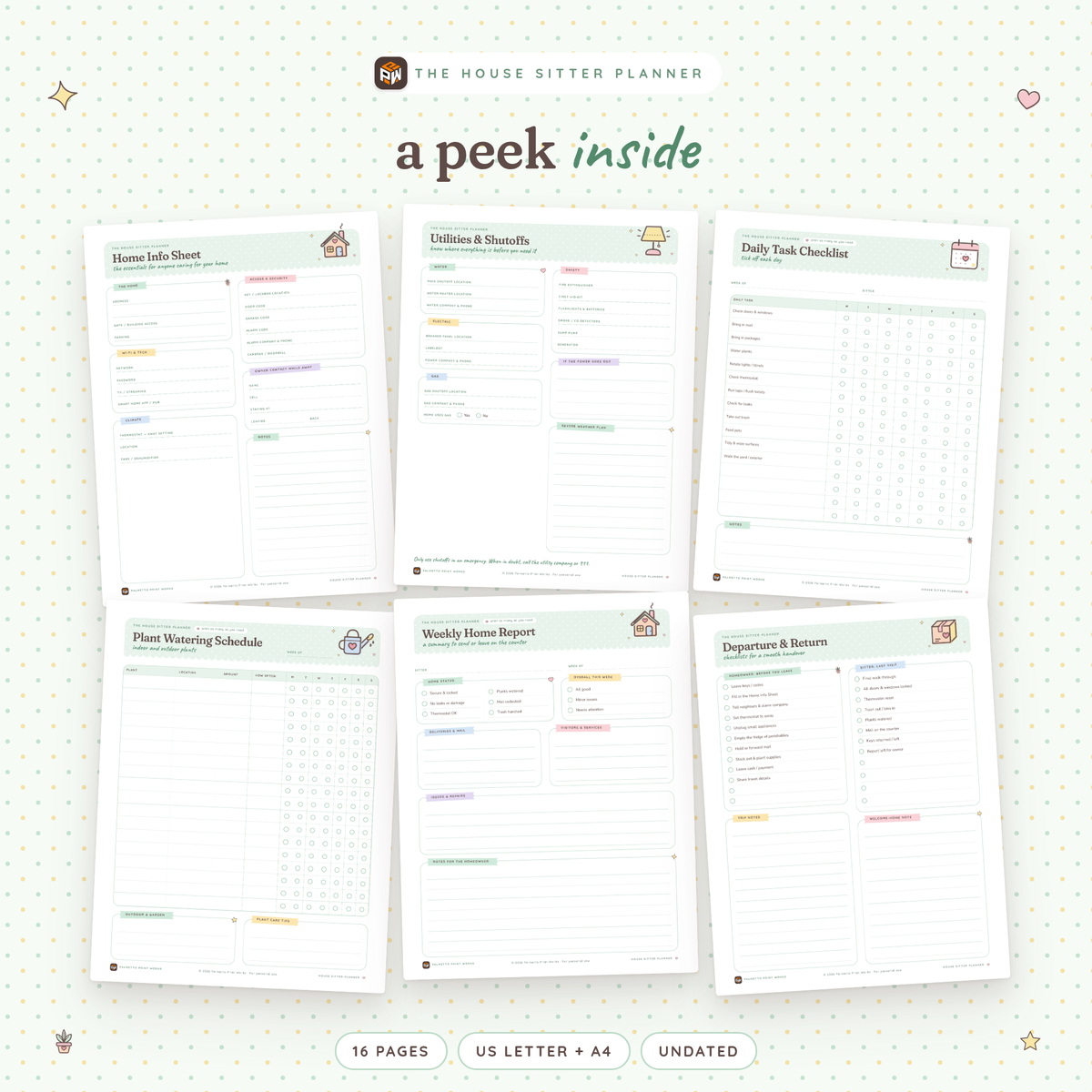Inside the House Sitter Planner: Home Info Sheet, Utilities & Shutoffs, Daily Task Checklist, Plant Watering Schedule, Weekly Home Report and Departure & Return pages