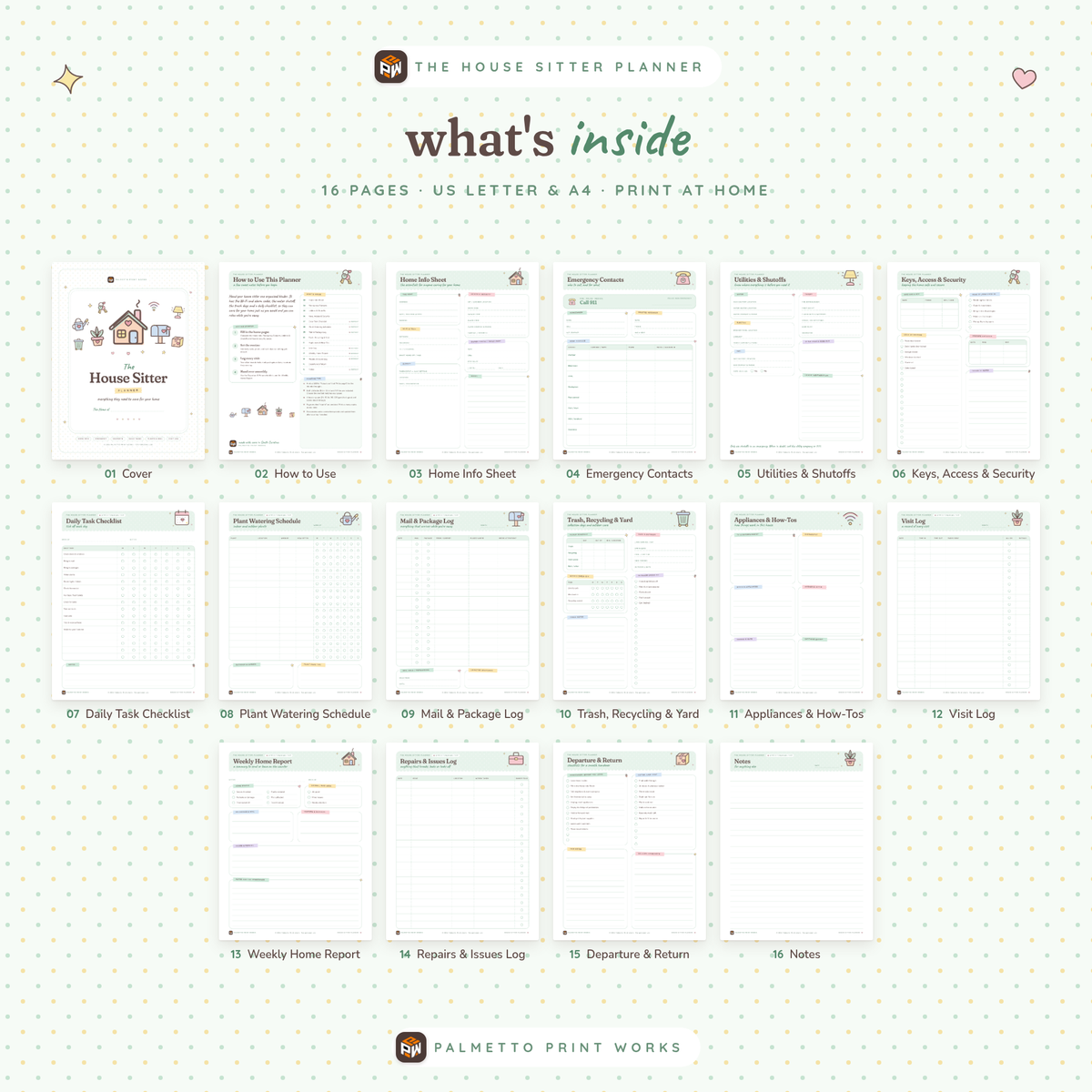 What's inside the House Sitter & Home Care Planner: all 16 printable pages, US Letter and A4 PDF