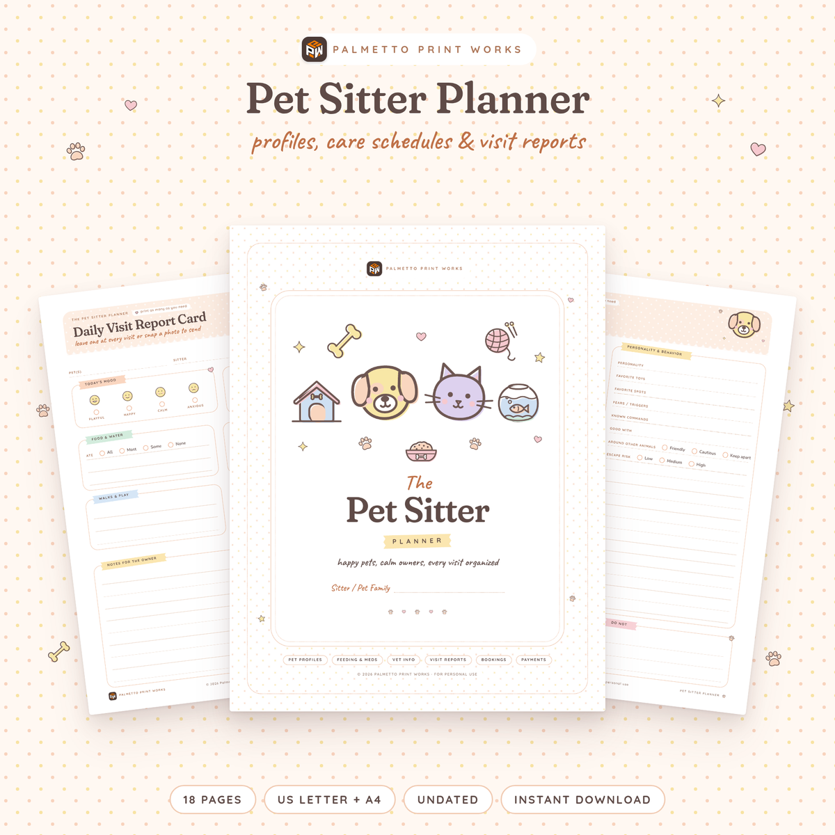 Printable Pet Sitter Planner cover in peach pastel with dog, cat and paw print doodles, by Palmetto Print Works