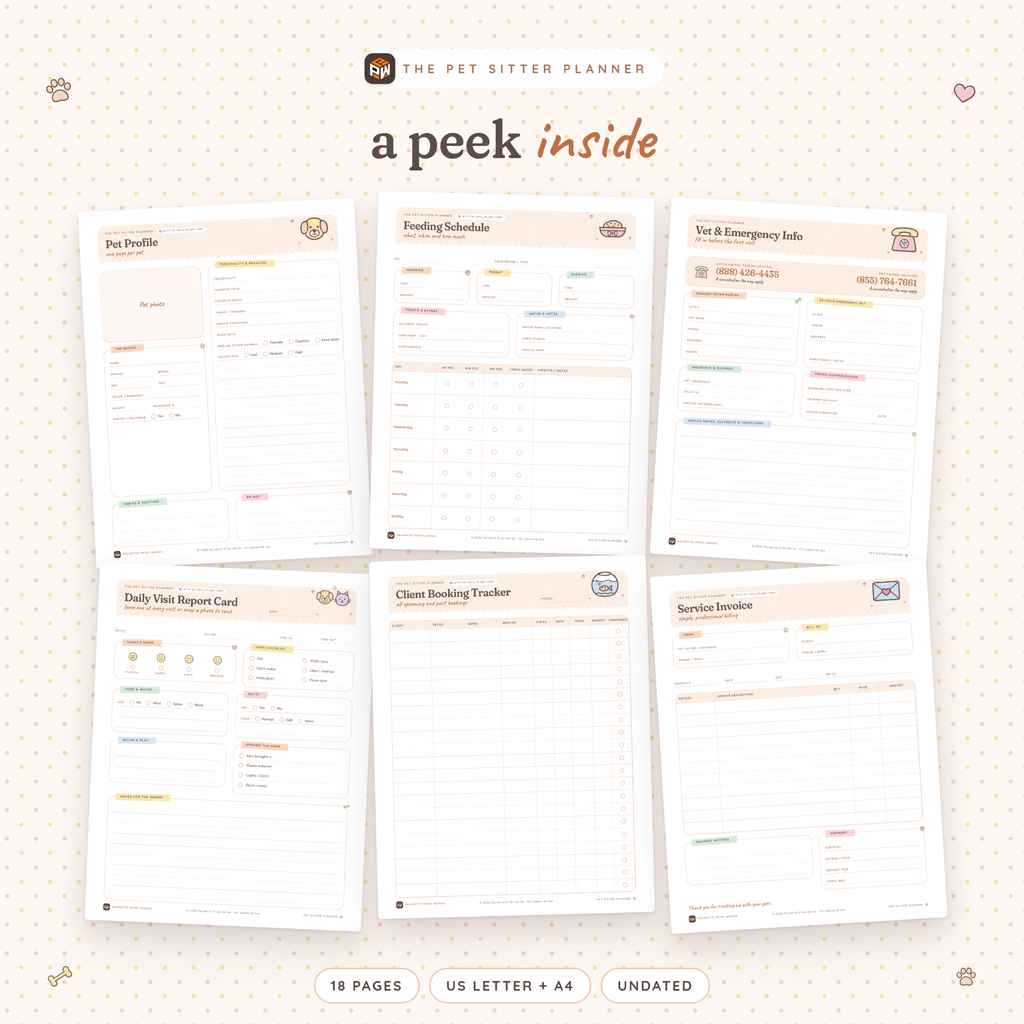 Inside the Pet Sitter Planner: Pet Profile, Feeding Schedule, Vet & Emergency Info, Daily Visit Report Card, Client Booking Tracker and Service Invoice pages