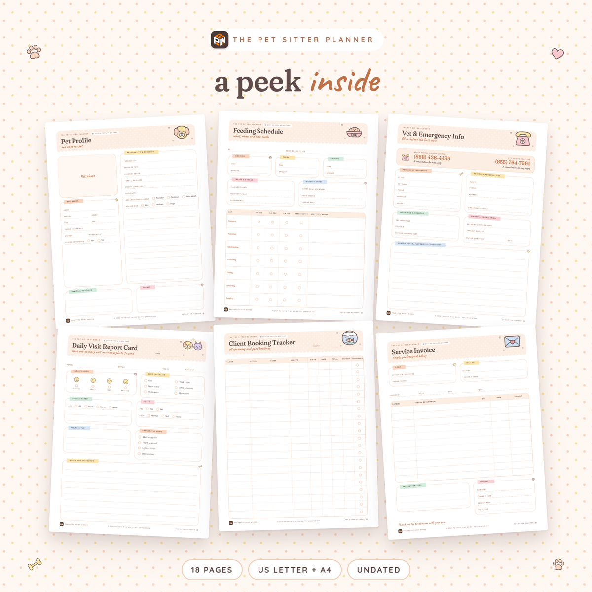 Inside the Pet Sitter Planner: Pet Profile, Feeding Schedule, Vet & Emergency Info, Daily Visit Report Card, Client Booking Tracker and Service Invoice pages