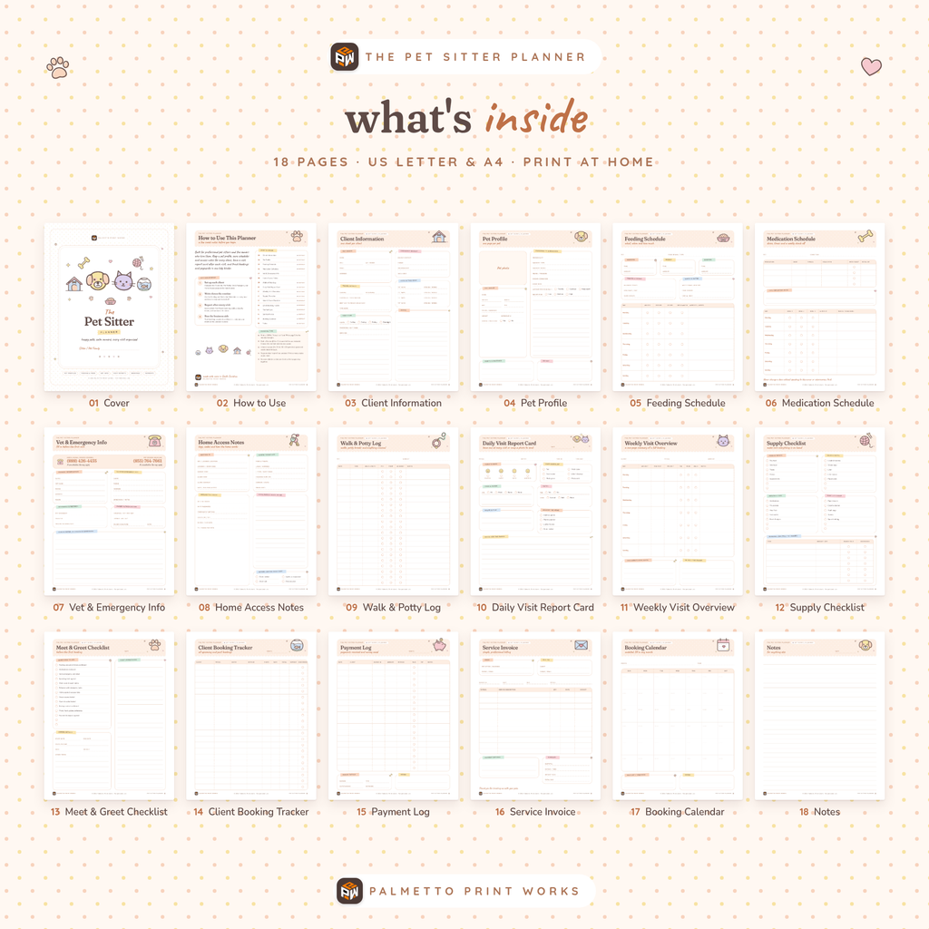 What's inside the Pet Sitter Planner: all 18 printable pages, US Letter and A4 PDF