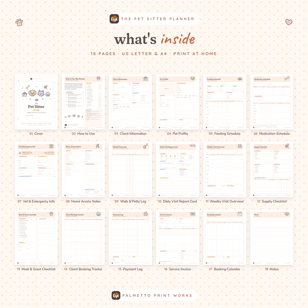 What's inside the Pet Sitter Planner: all 18 printable pages, US Letter and A4 PDF
