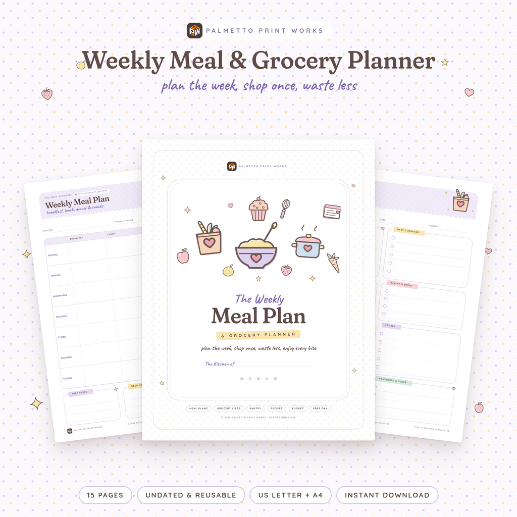 Weekly Meal & Grocery Planner printable cover in lilac pastel with fruit, veggie and kitchen doodles, by Palmetto Print Works