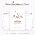 Weekly Meal & Grocery Planner printable cover in lilac pastel with fruit, veggie and kitchen doodles, by Palmetto Print Works