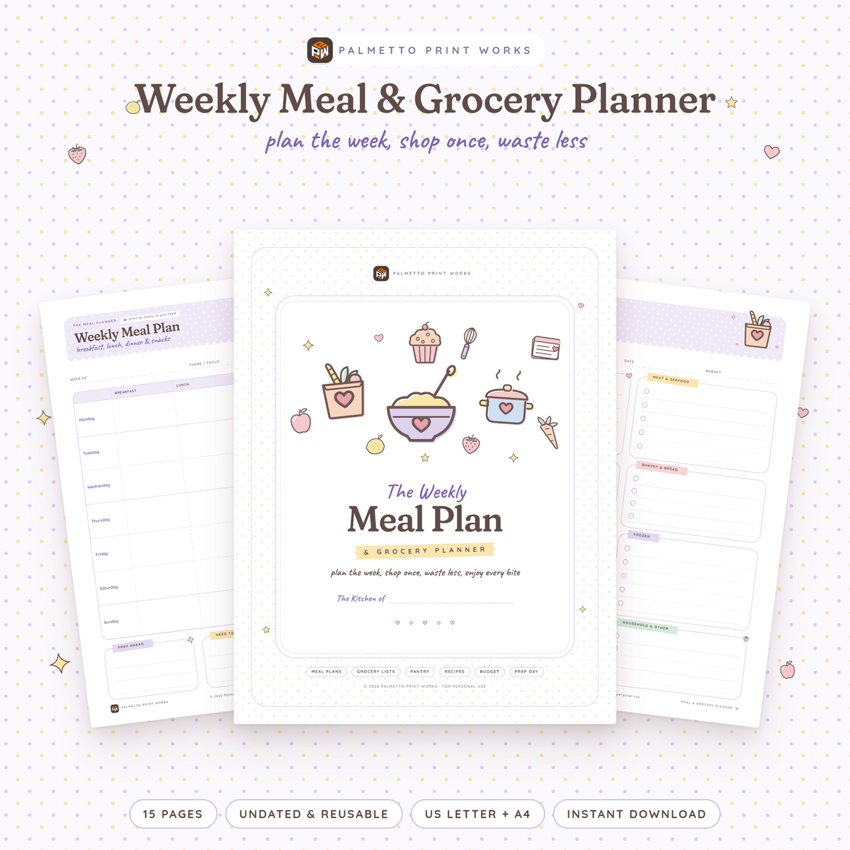 Weekly Meal & Grocery Planner printable cover in lilac pastel with fruit, veggie and kitchen doodles, by Palmetto Print Works