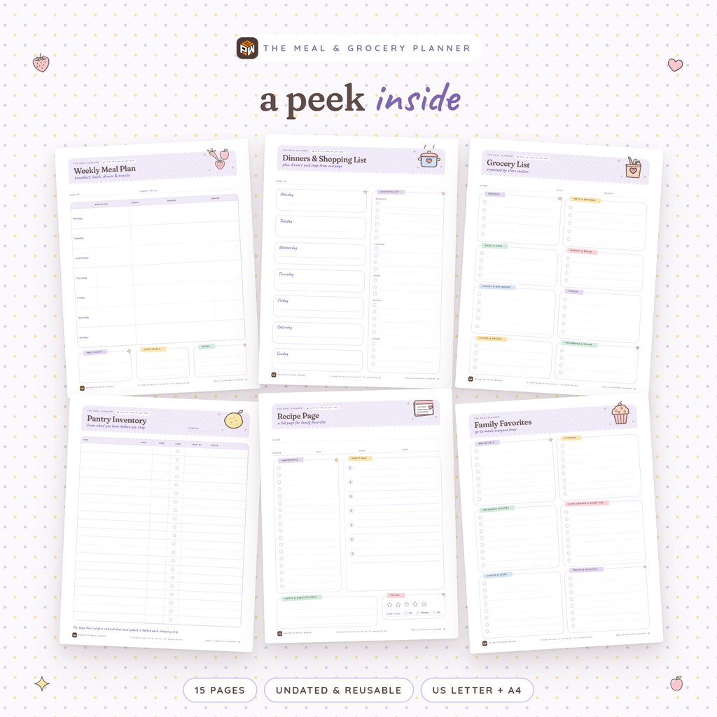 Inside the Meal & Grocery Planner: Weekly Meal Plan, Dinners & Shopping List, Grocery List by store section, Pantry Inventory, Recipe Page and Family Favorites pages