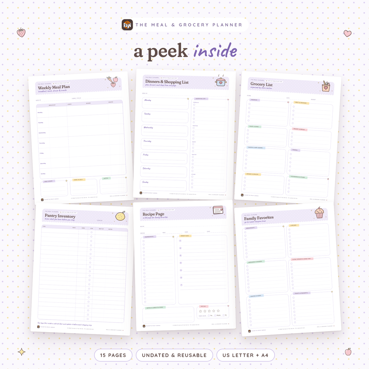 Inside the Meal & Grocery Planner: Weekly Meal Plan, Dinners & Shopping List, Grocery List by store section, Pantry Inventory, Recipe Page and Family Favorites pages