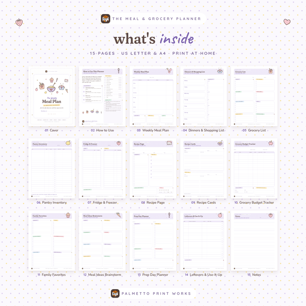 What's inside the Weekly Meal & Grocery Planner: all 15 printable pages, US Letter and A4 PDF