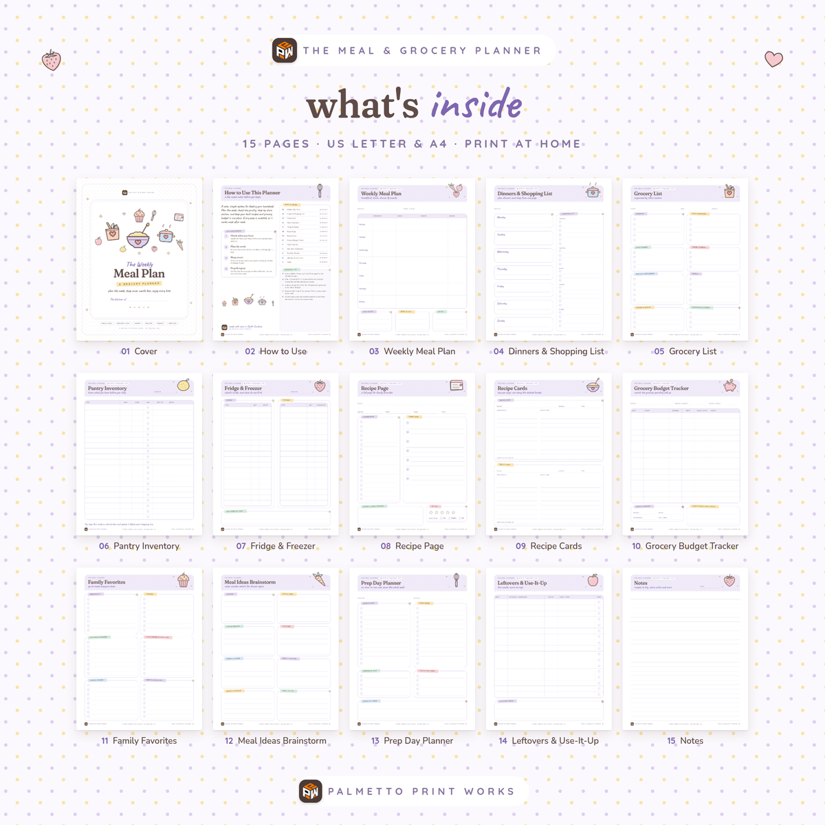 What's inside the Weekly Meal & Grocery Planner: all 15 printable pages, US Letter and A4 PDF